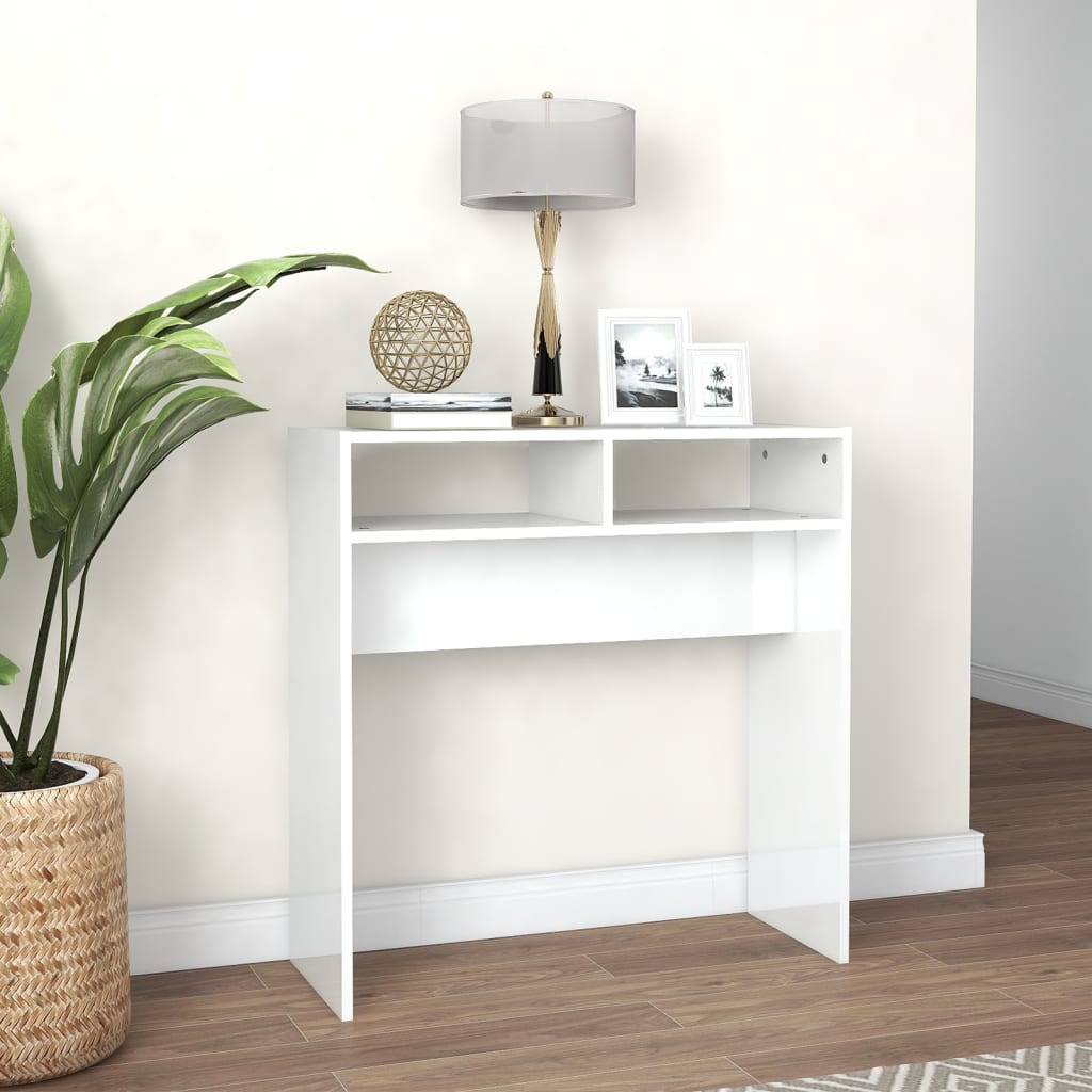 vidaXL Mesa consola 78x30x80 cm contraplacado branco brilhante