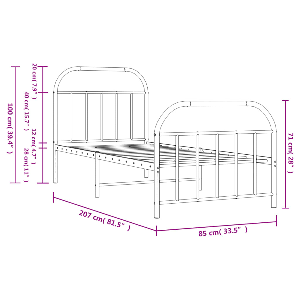vidaXL Estrutura de cama com cabeceira e pés 80x200 cm metal preto