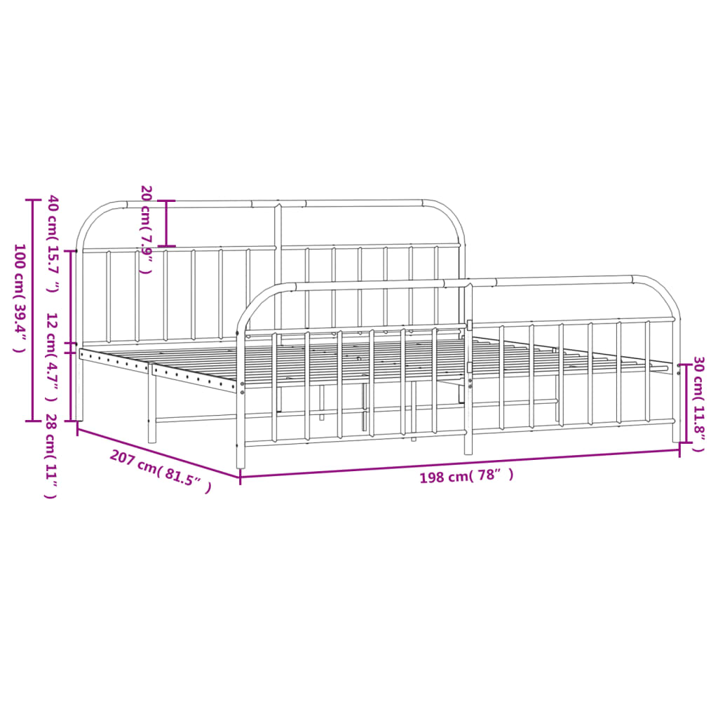 vidaXL Estrutura de cama com cabeceira e pés 193x203 cm metal preto