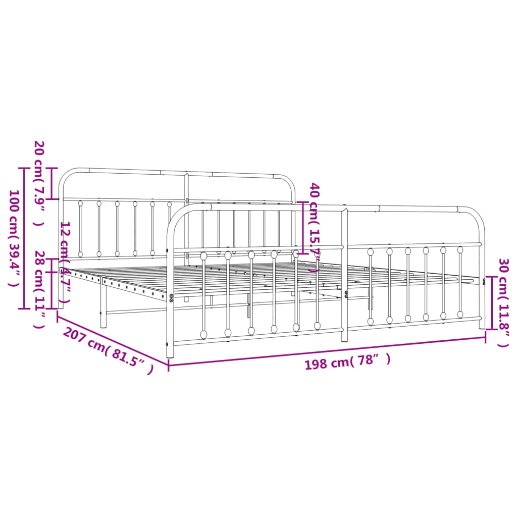 vidaXL Estrutura de cama com cabeceira e pés 193x203 cm metal preto