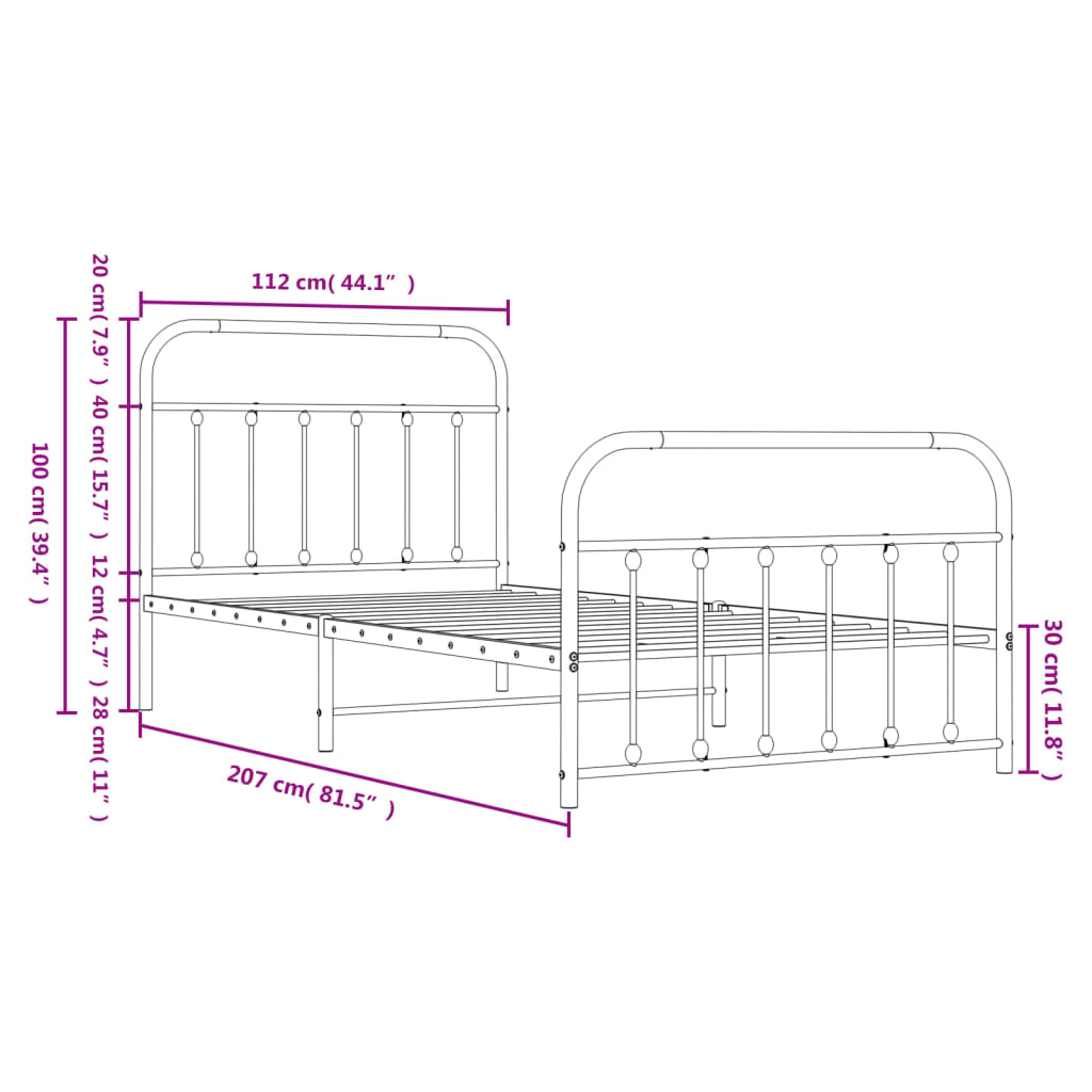 vidaXL Estrutura de cama com cabeceira e pés 107x203 cm metal preto