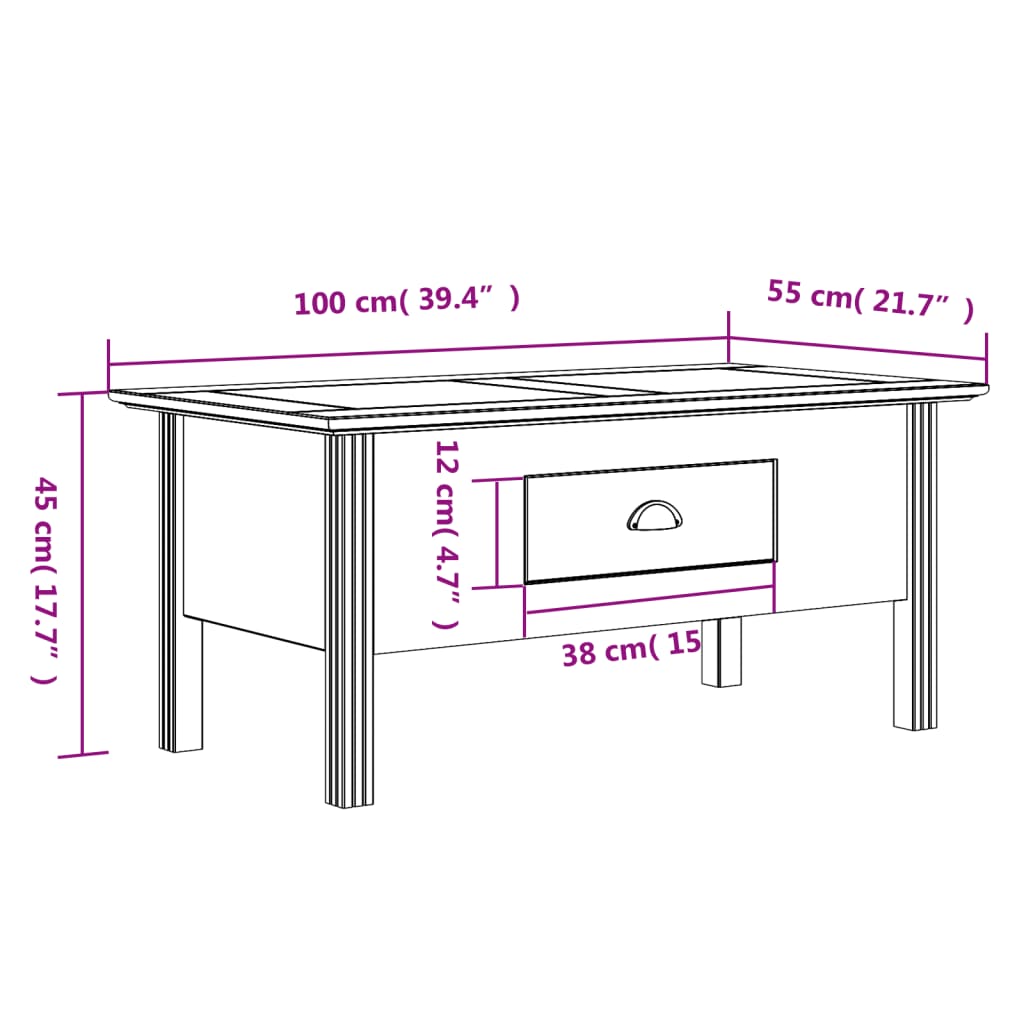 vidaXL Mesa de centro BODO 100x55x45 cm madeira pinho maciça cinzento