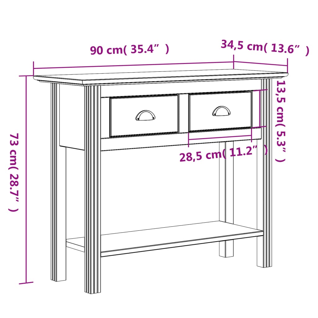 vidaXL Mesa consola BODO 90x34,5x73cm madeira de pinho maciça castanho