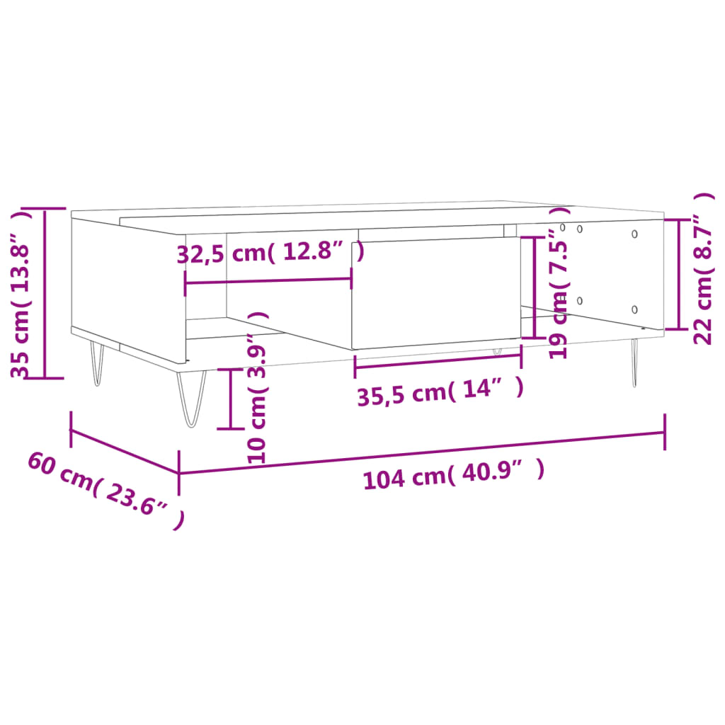 vidaXL Mesa de centro 104x60x35cm derivados de madeira carvalho sonoma