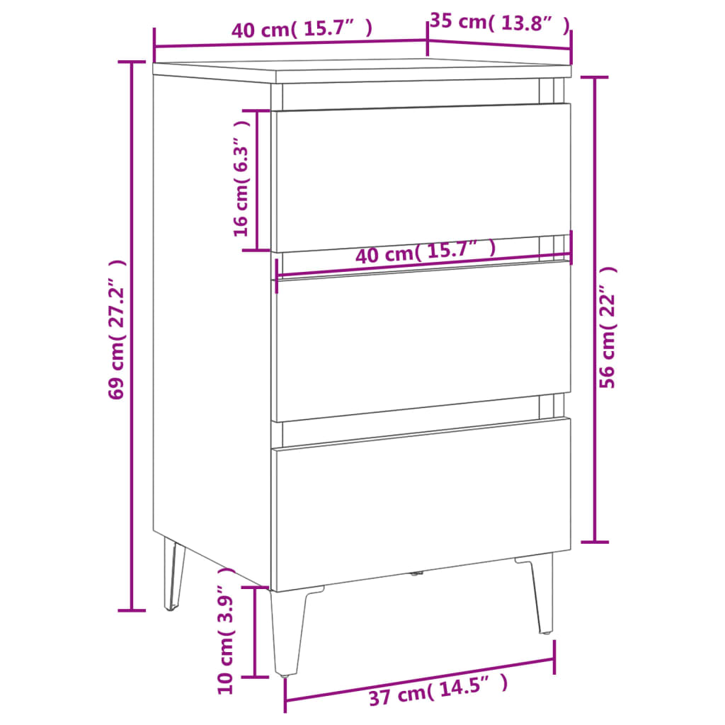 vidaXL Mesa cabeceira c/ pernas de metal 40x35x69 cm cinzento cimento