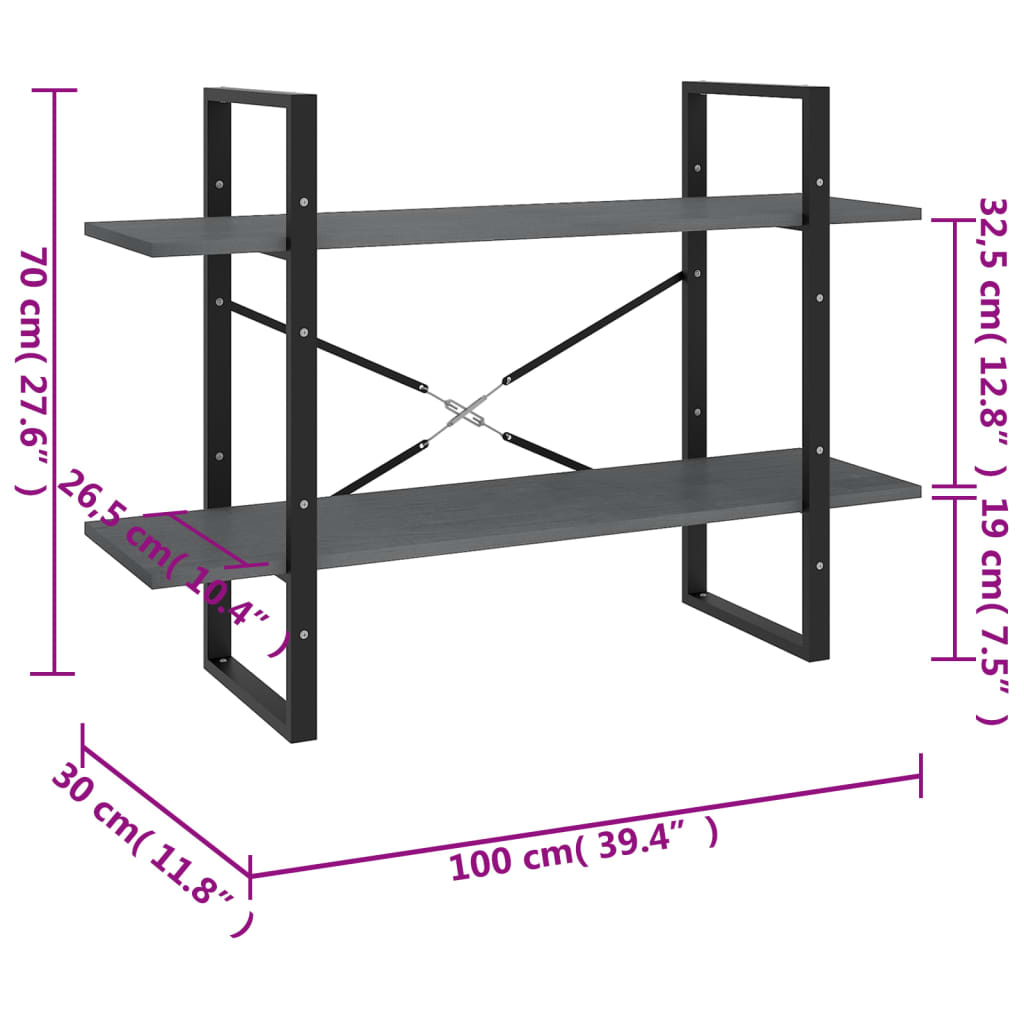 vidaXL Estante com 2 prateleiras 100x30x70 cm pinho maciço cinzento