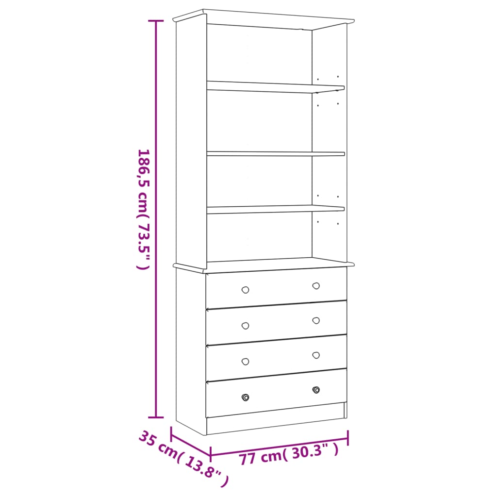 vidaXL Estante c/ gavetas ALTA 77x35x186,5 cm pinho maciço branco