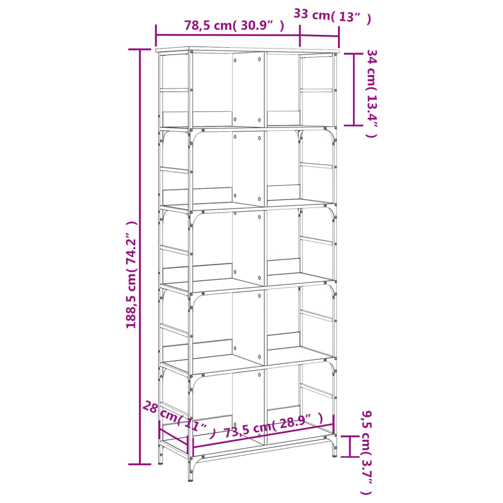 vidaXL Estante 78,5x33x188,5 cm derivados de madeira cinzento sonoma