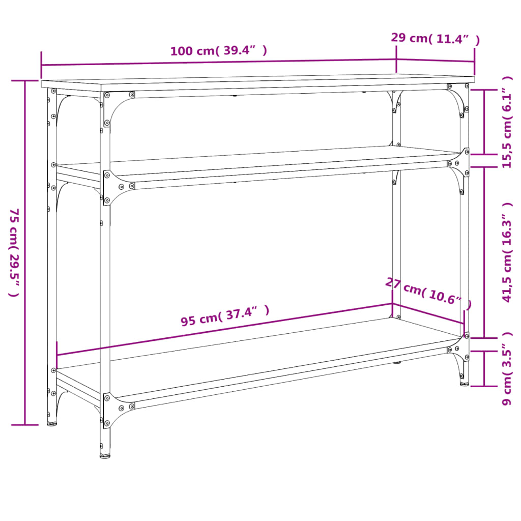 vidaXL Mesa consola 100x29x75 cm derivados de madeira cinzento sonoma