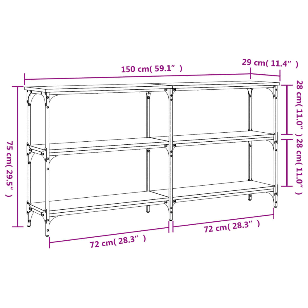 vidaXL Mesa consola 150x29x75 cm derivados de madeira cinzento sonoma