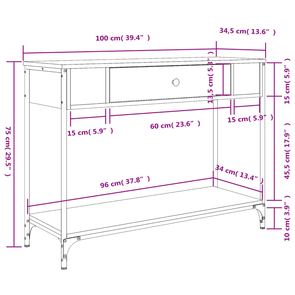 vidaXL Mesa consola 100x34,5x75cm derivados de madeira carvalho fumado