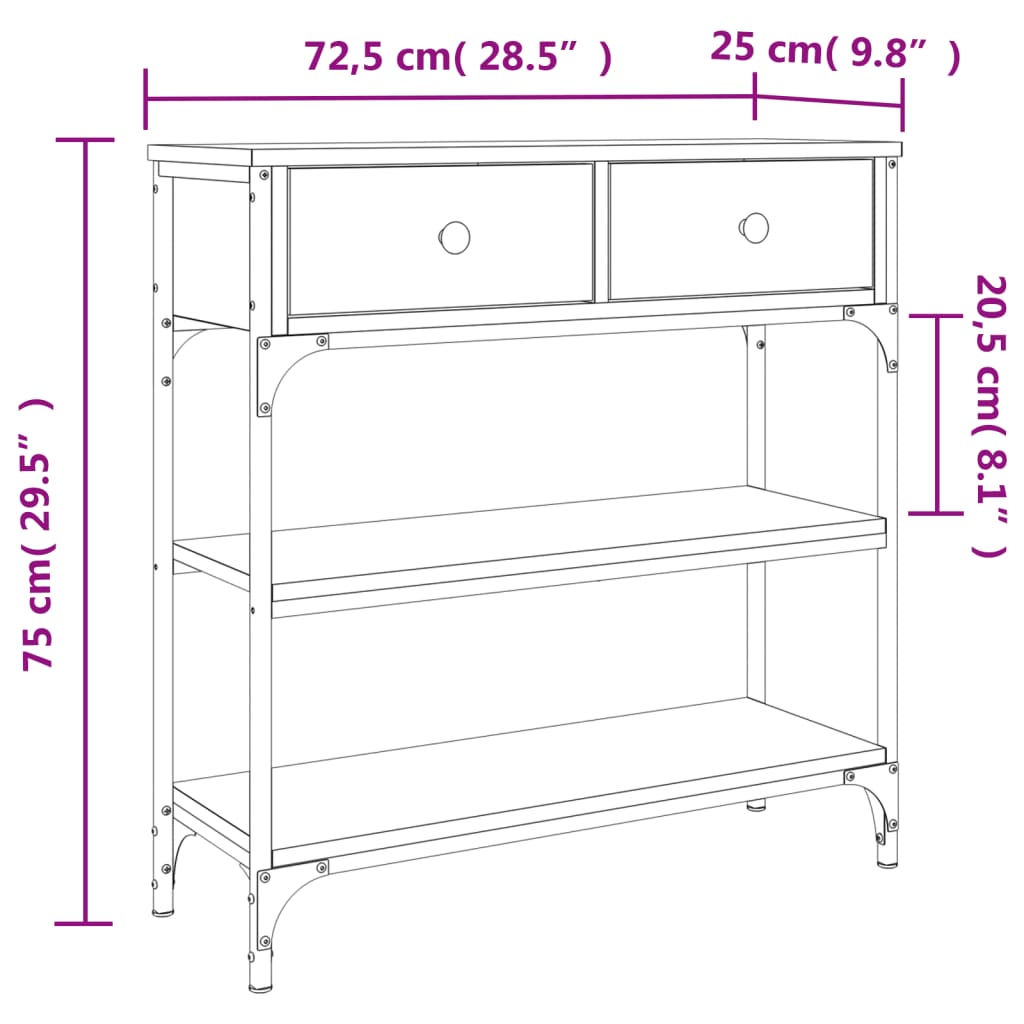 vidaXL Mesa consola 72,5x25x75 cm derivados de madeira cinzento sonoma