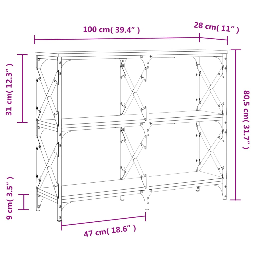 vidaXL Mesa consola 100x28x80,5cm derivados de madeira carvalho fumado