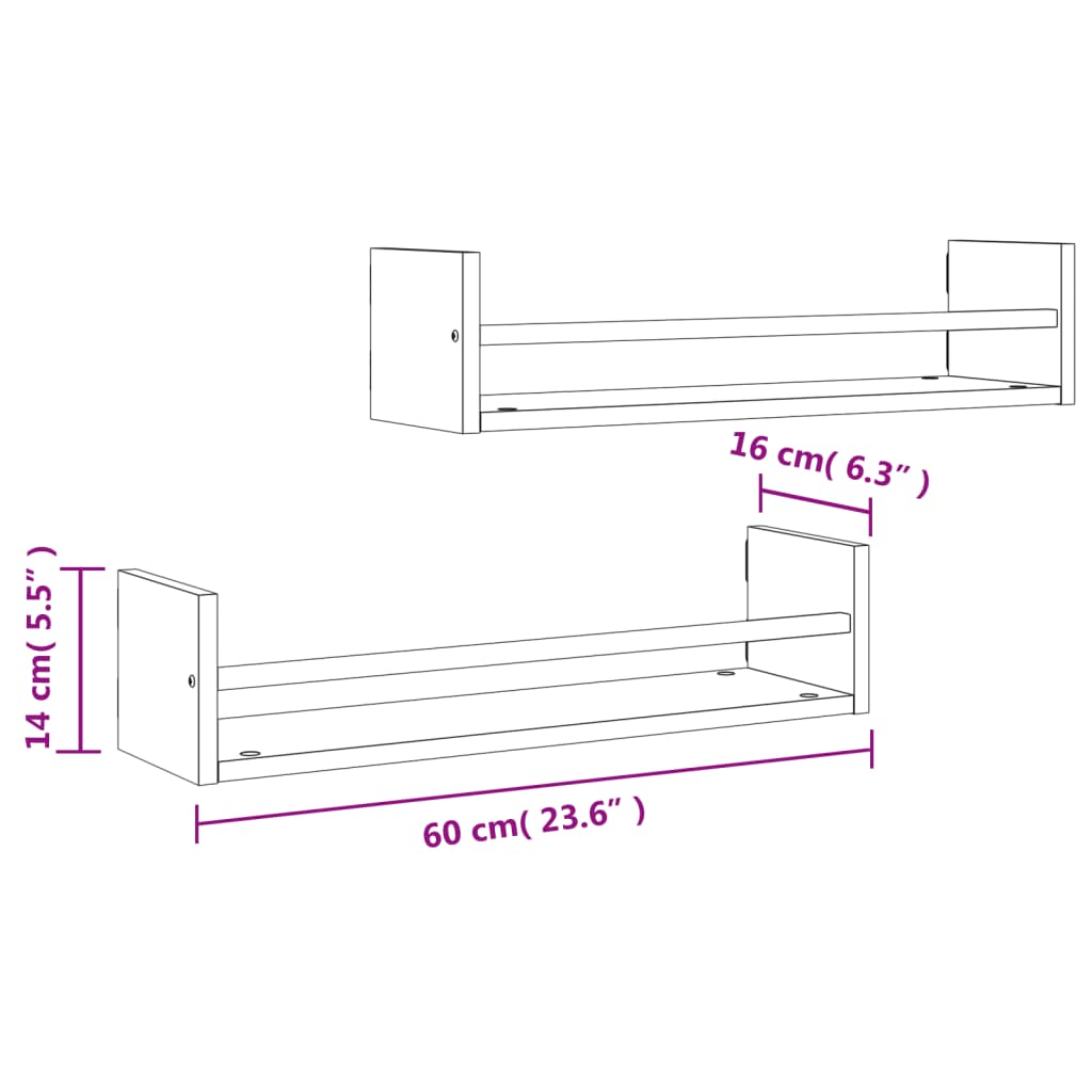 vidaXL Prateleiras de parede c/ barras 2pcs 60x16x14cm carvalho sonoma