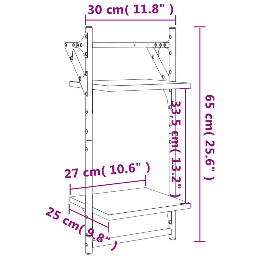 vidaXL Estante 2 prateleiras c/ barras 2pcs 30x25x65cm cinzento sonoma