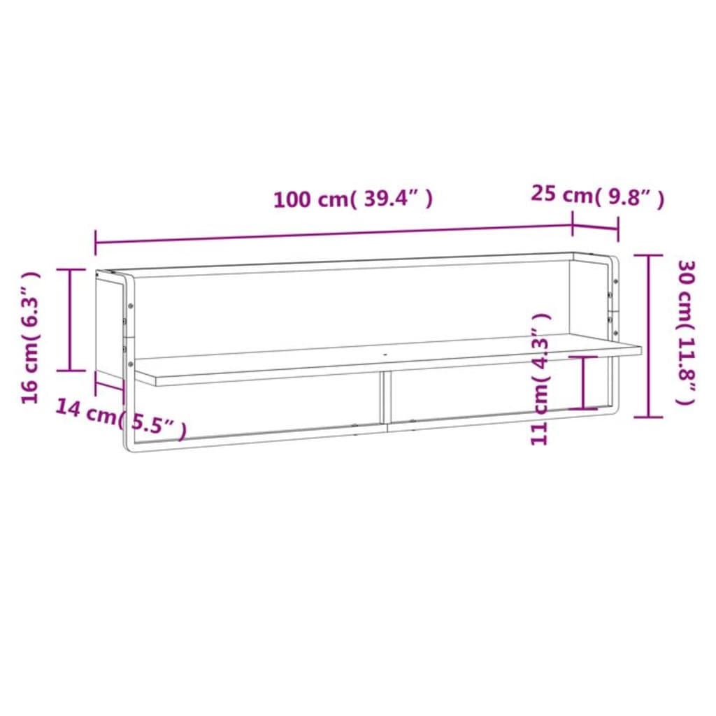 vidaXL Prateleira de parede com barra 100x25x30 cm cinza sonoma