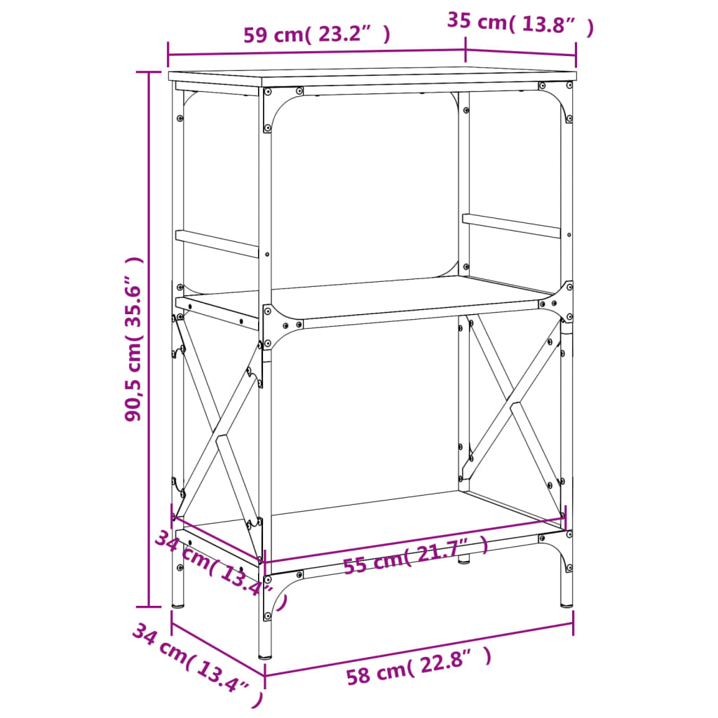 vidaXL Estante c/ 3 prateleiras 59x35x90,5 cm derivados madeira preto