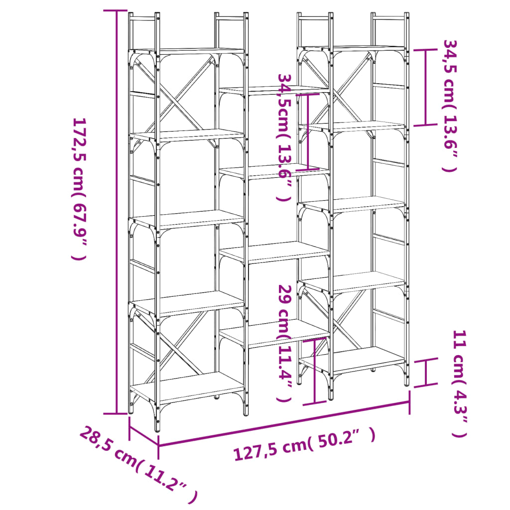 vidaXL Estante 127,5x28,5x172,5cm derivados de madeira cinzento sonoma