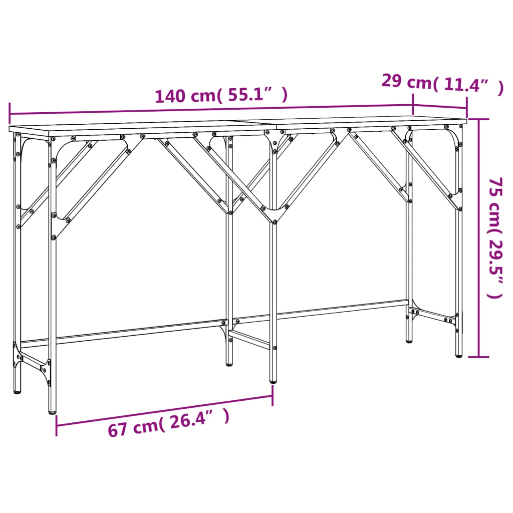 vidaXL Mesa consola 140x29x75 cm derivados de madeira cinzento sonoma