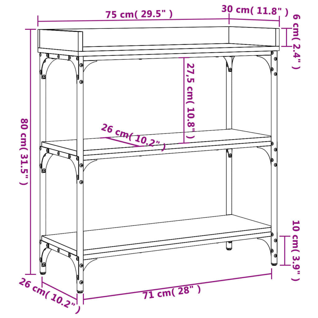 vidaXL Mesa consola c/ prateleiras 75x30x80 cm carvalho sonoma