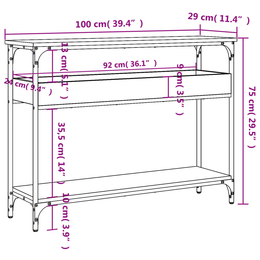 vidaXL Mesa consola c/ prateleira 100x29x75 cm derivados madeira preto