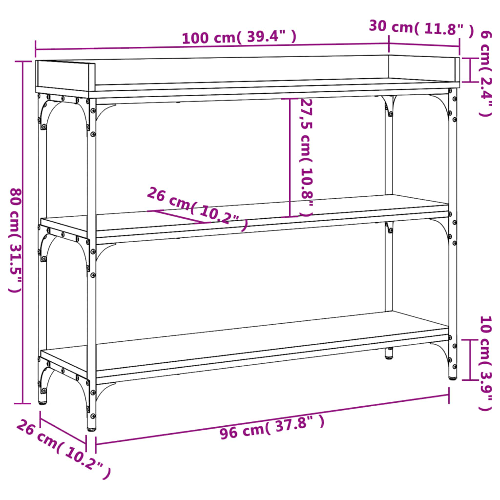 vidaXL Mesa consola c/ prateleiras 100x30x80 cm preto