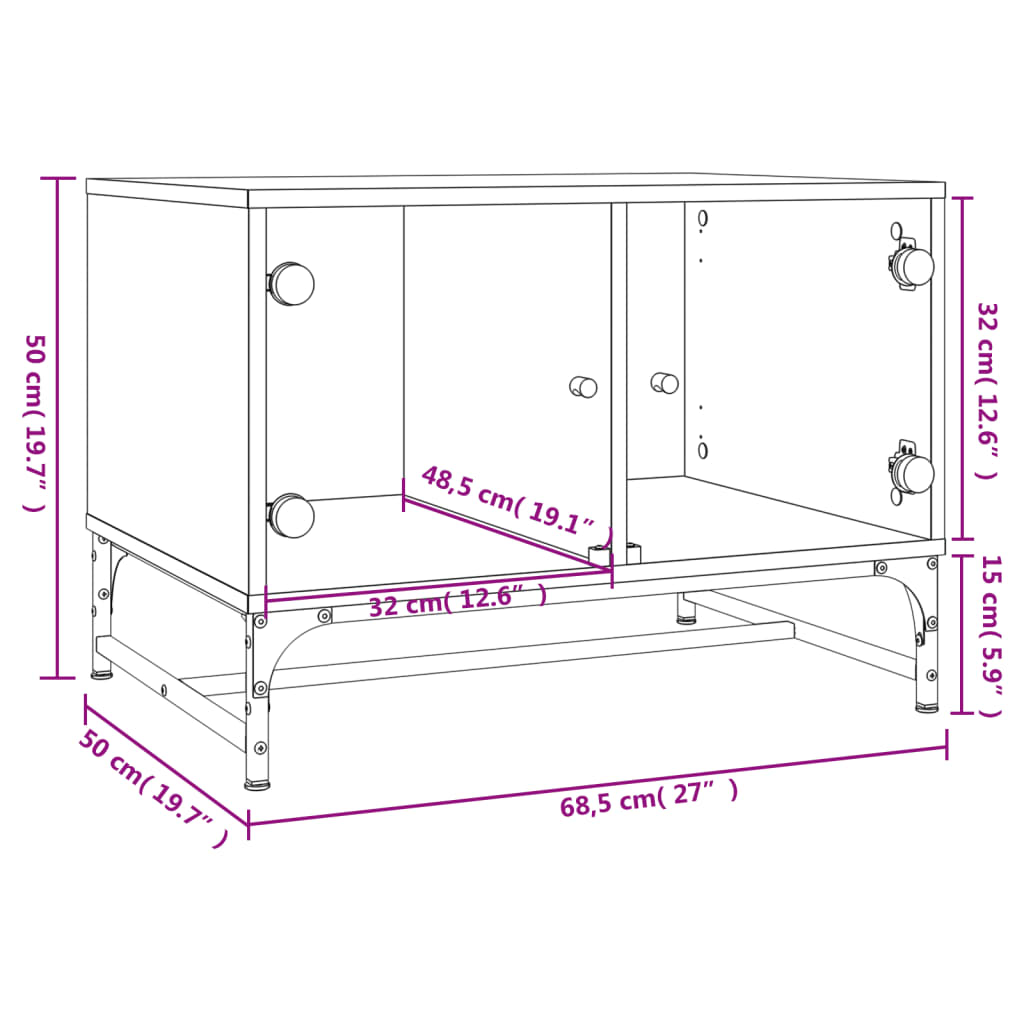 vidaXL Mesa de centro c/ portas de vidro 68,5x50x50 cm cinza sonoma