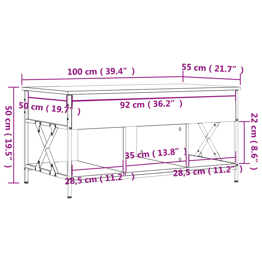 vidaXL Mesa de centro 100x55x50cm deriv. madeira/metal carvalho fumado