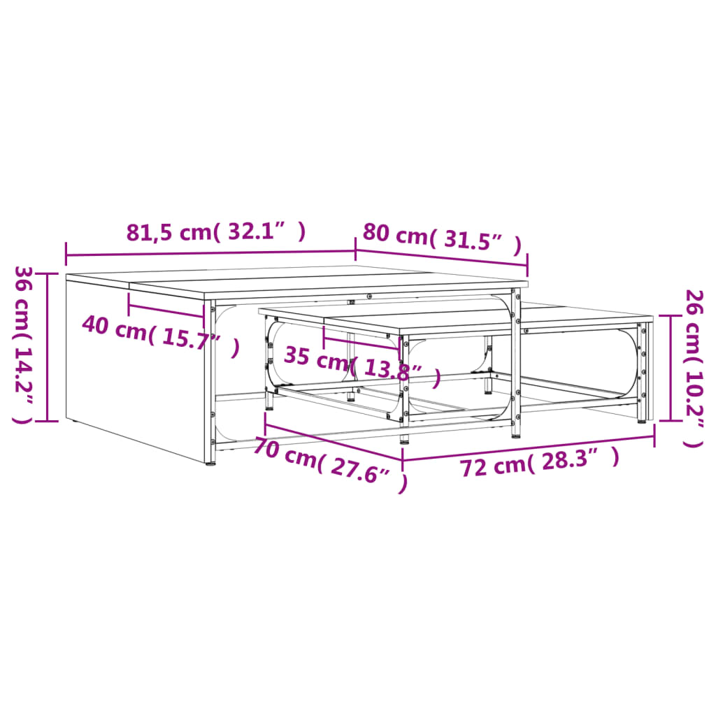 vidaXL Mesa centro encastrar 2pcs deriv. madeira/metal carvalho fumado