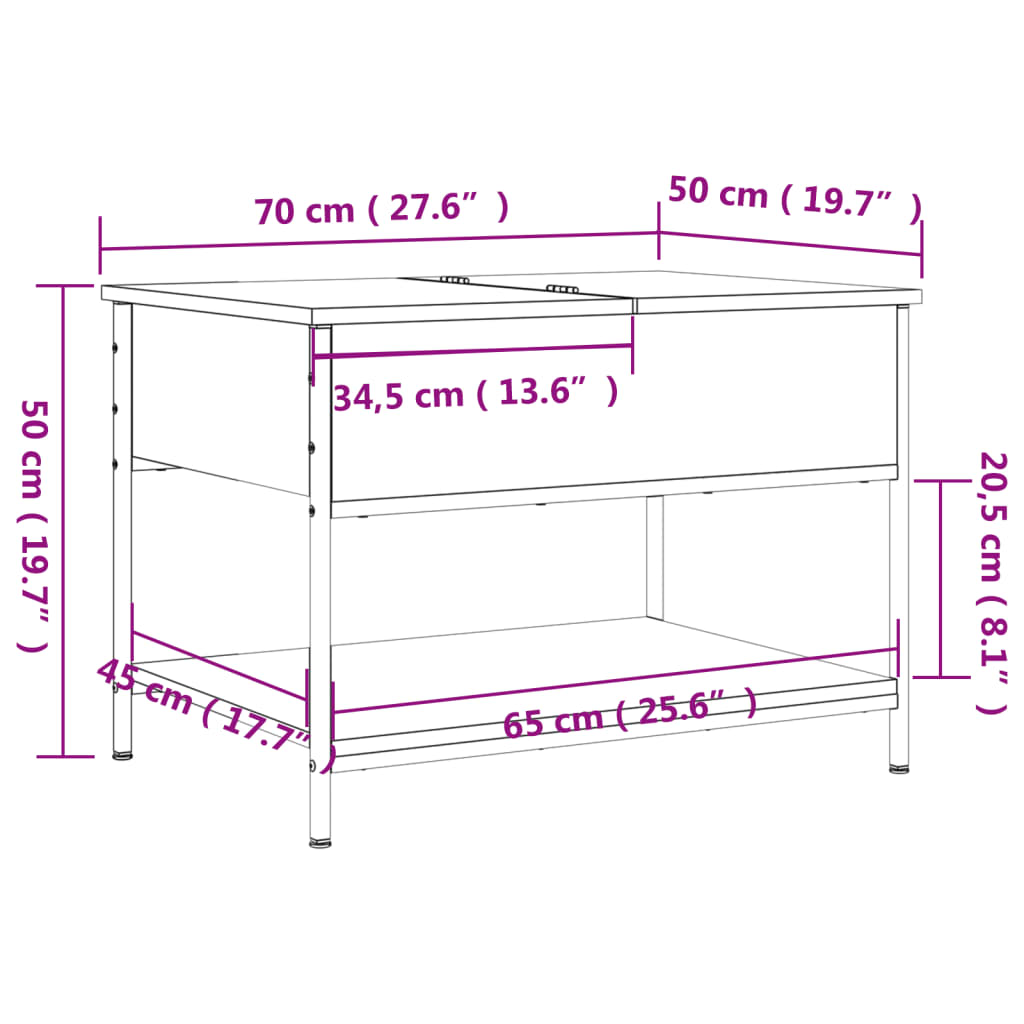 vidaXL Mesa de centro 70x50x50 cm deriv. madeira/metal cinzento sonoma