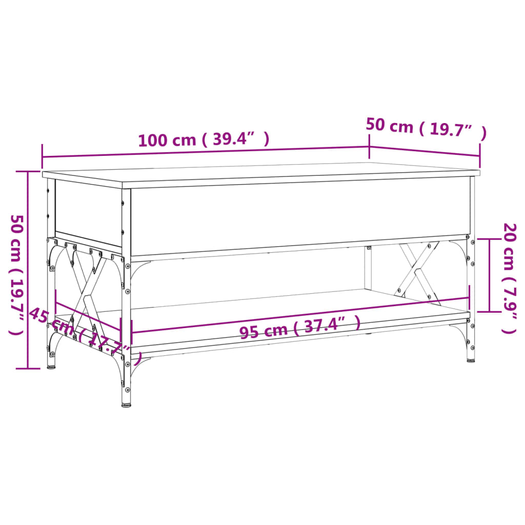 vidaXL Mesa de centro 100x50x50cm deriv. madeira/metal cinzento sonoma