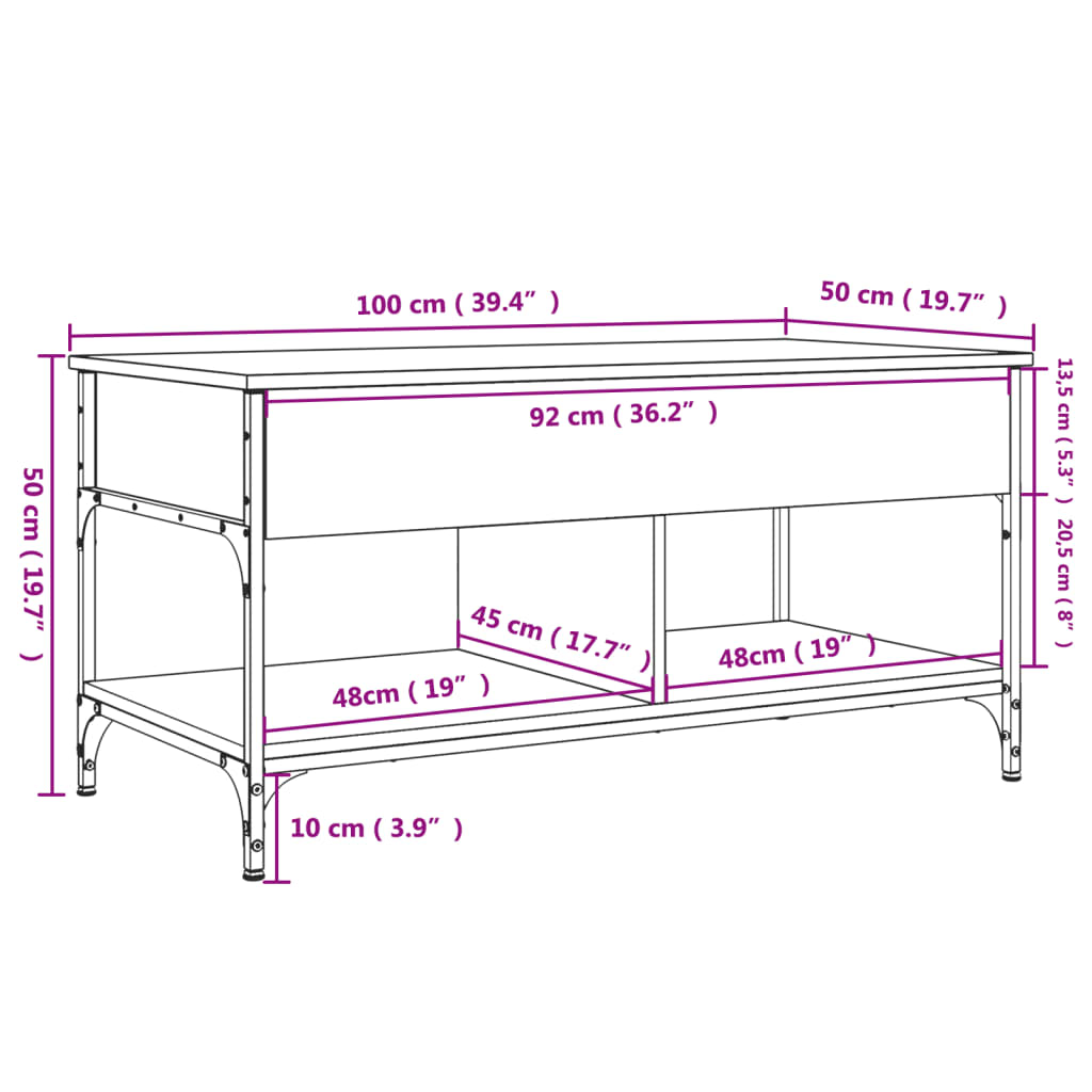 vidaXL Mesa de centro 100x50x50cm deriv. madeira/metal carvalho sonoma