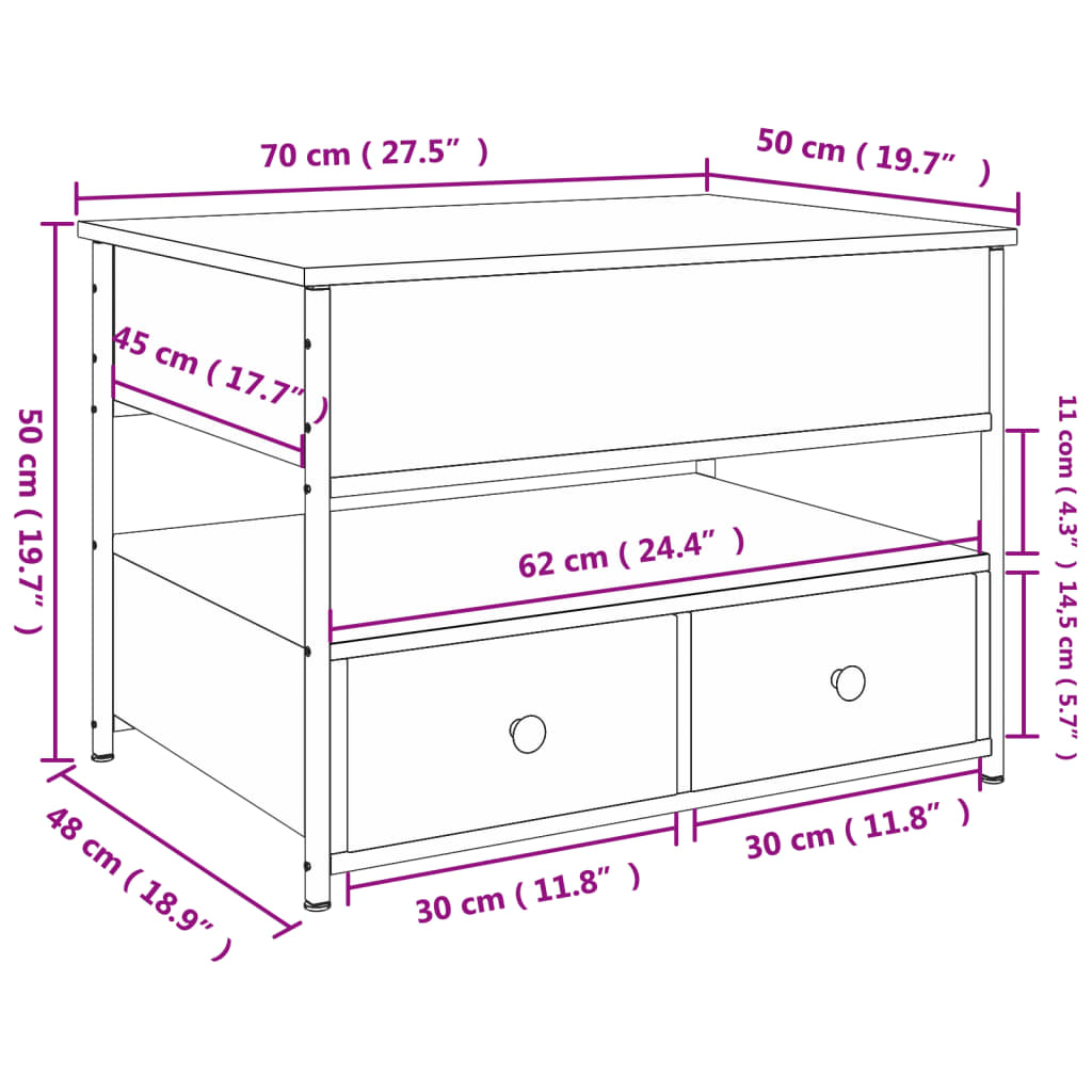 vidaXL Mesa de centro 70x50x50 cm deriv. madeira/metal cinzento sonoma