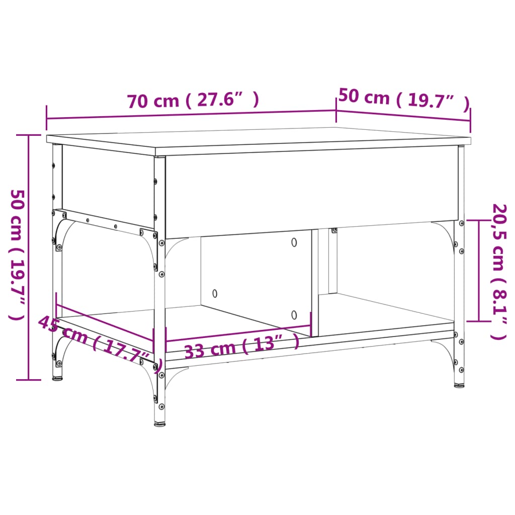 vidaXL Mesa centro 70x50x50 cm deriv. madeira/metal carvalho castanho