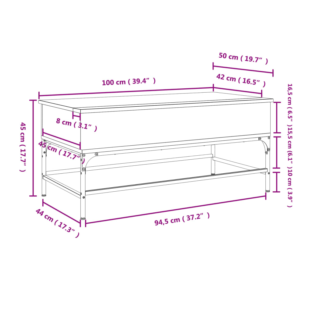 vidaXL Mesa de centro 100x50x45cm derivados madeira/metal cinza sonoma