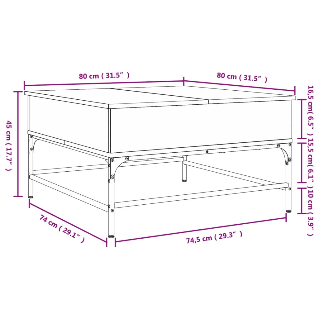 vidaXL Mesa de centro 80x80x45 cm deriv. madeira/metal carvalho sonoma