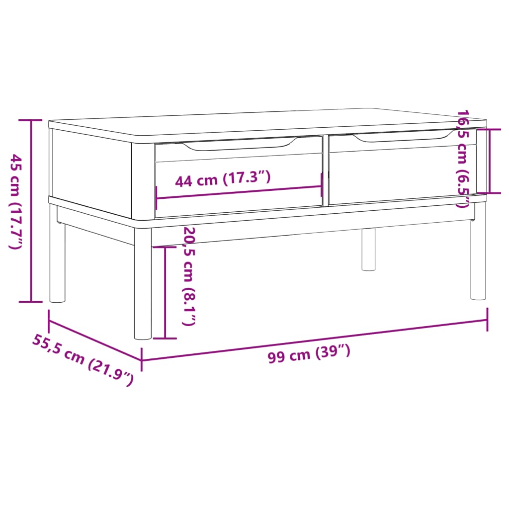 vidaXL Mesa de centro FLORO 99x55,5x45 cm pinho maciço castanho mel