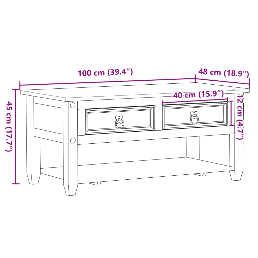 vidaXL Mesa de centro com gavetas Corona 100x48x45 cm pinho maciço