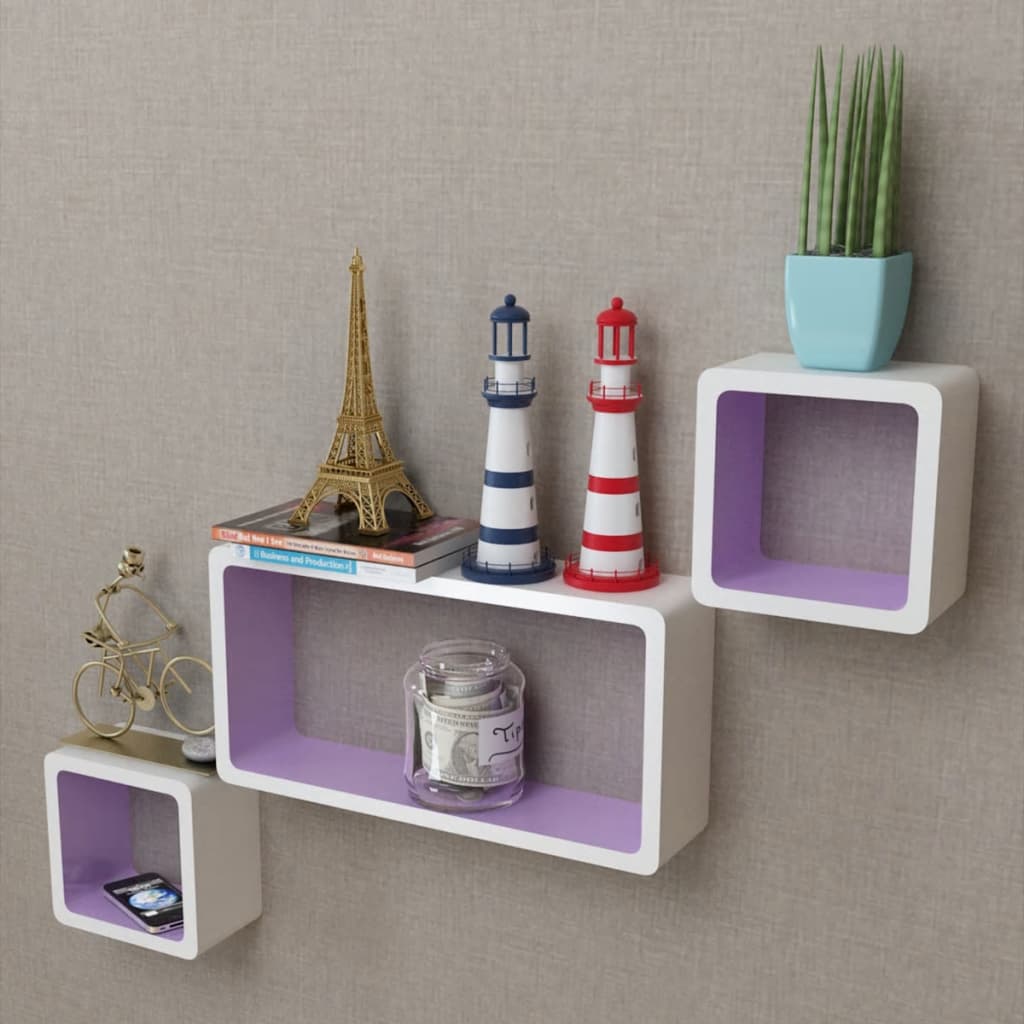 Conjunto 3 prateleiras/cubos de parede MDF branco-violeta