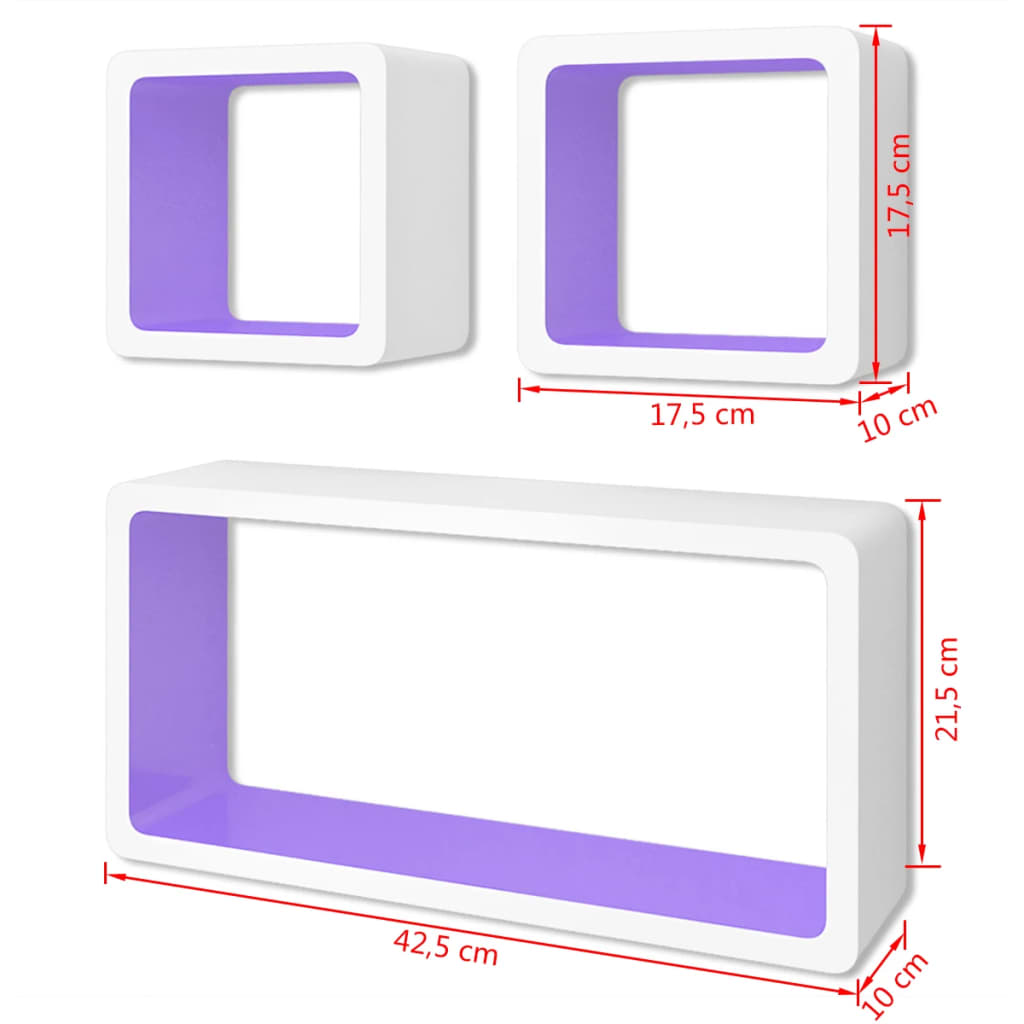 Conjunto 3 prateleiras/cubos de parede MDF branco-violeta