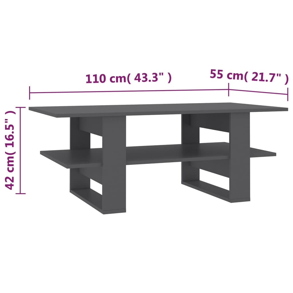 vidaXL Mesa de centro 110x55x42 cm contraplacado cinzento