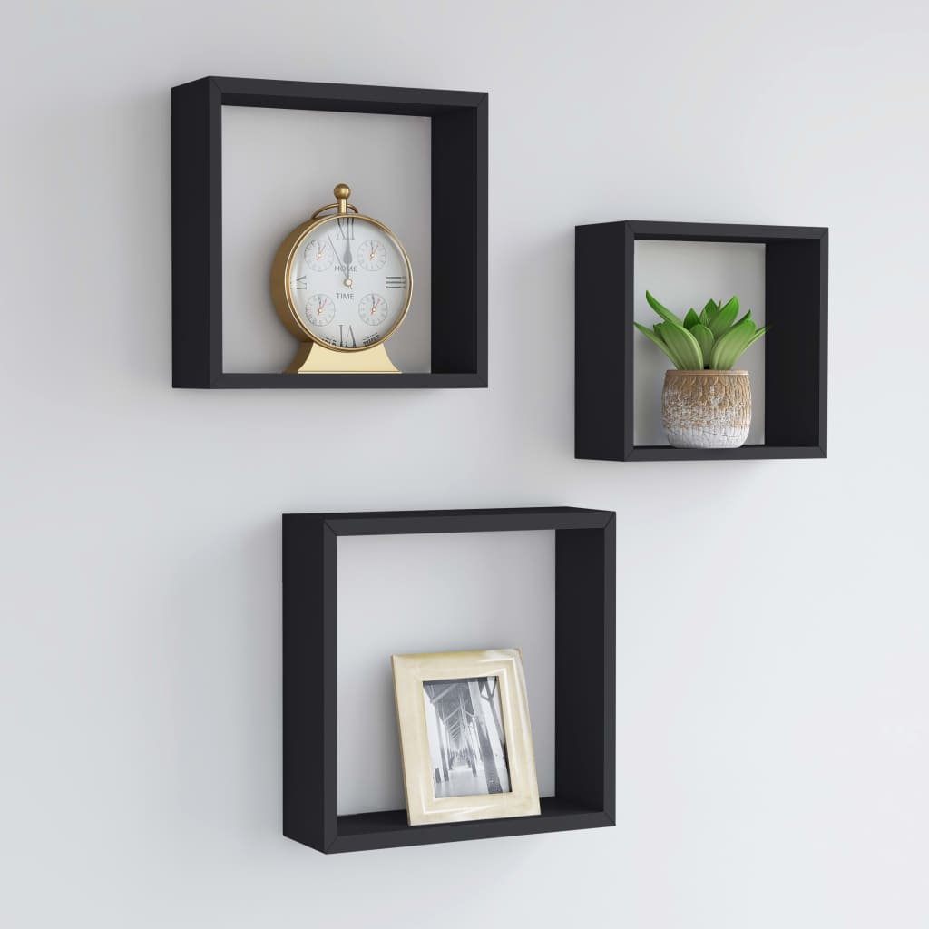 vidaXL Prateleiras de parede em forma de cubo 3 pcs MDF preto