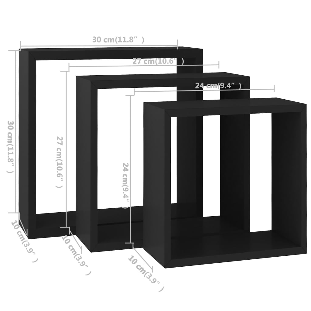 vidaXL Prateleiras de parede em forma de cubo 3 pcs MDF preto