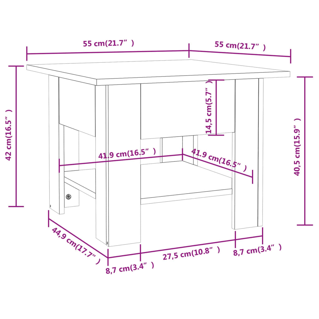 vidaXL Mesa de centro 55x55x42 cm contraplacado carvalho sonoma