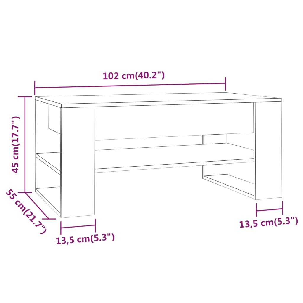 vidaXL Mesa de centro 102x55x45 cm madeira processada carvalho sonoma