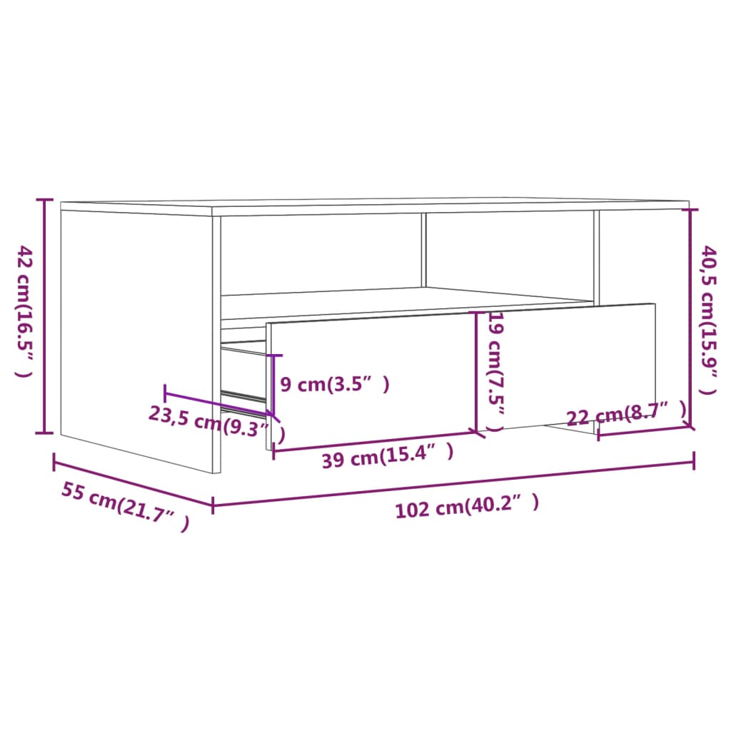 vidaXL Mesa de centro 102x55x42 cm madeira processada branco brilhante