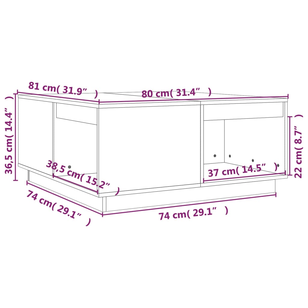 vidaXL Mesa de centro 80x81x36,5 cm madeira de pinho maciça