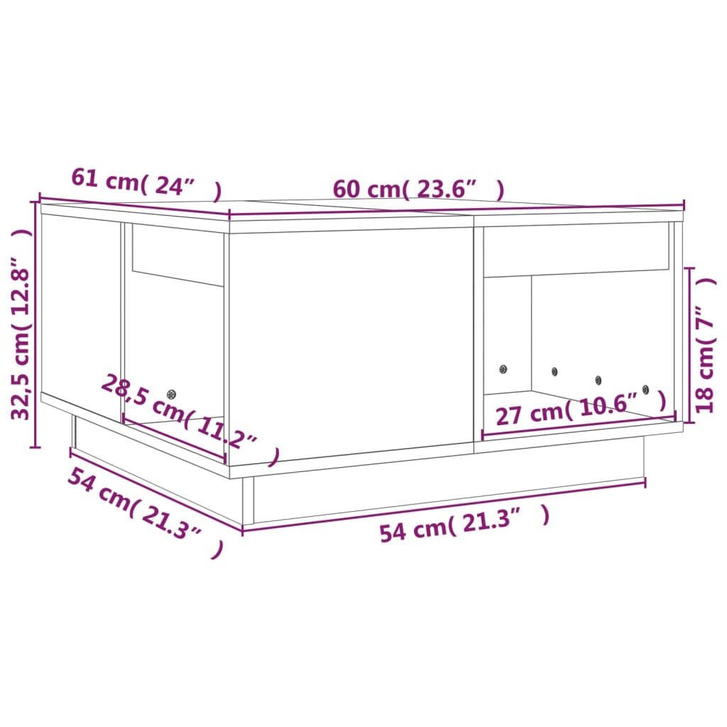 vidaXL Mesa de centro 60x61x32,5 cm madeira de pinho maciça branco