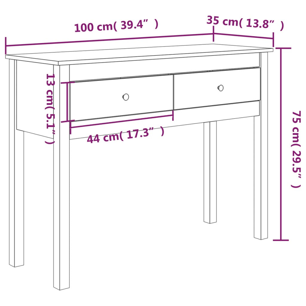 vidaXL Mesa consola 100x35x75 cm pinho maciço branco