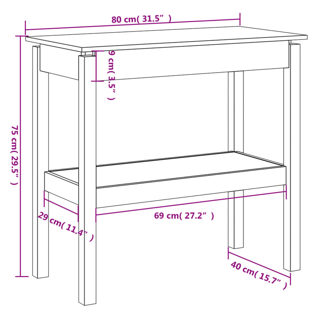 vidaXL Mesa consola 80x40x75 cm madeira de pinho maciça cinzento